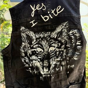 Black Denim Vest with Wolf hand painted